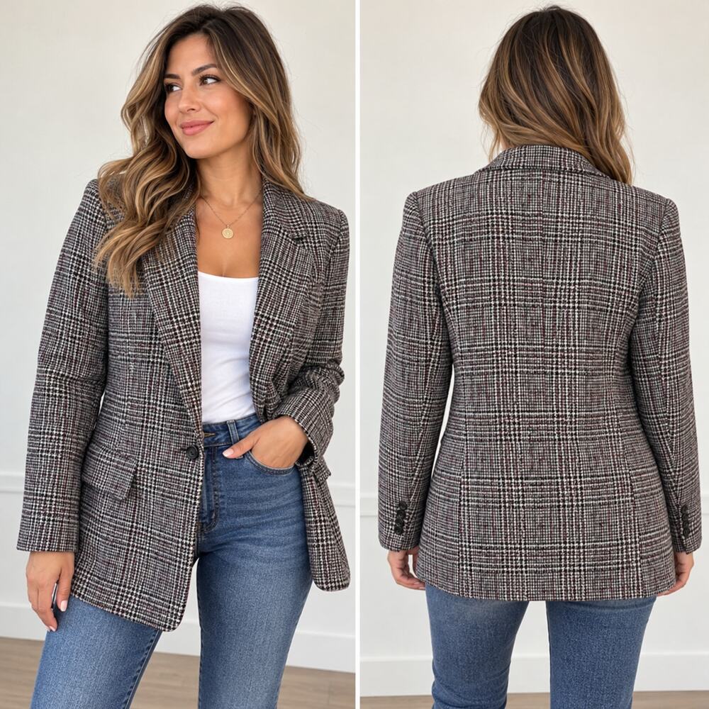 Michelle Stuart Plaid Blazer in Black & Brown Size Small